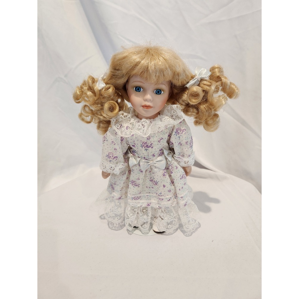Vintage Porcelain Doll Blonde Ringlets Blue Eyes Floral Lace Dress with Stand